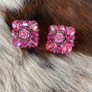 Pink Vintage unsigned clip Beaded Earrings